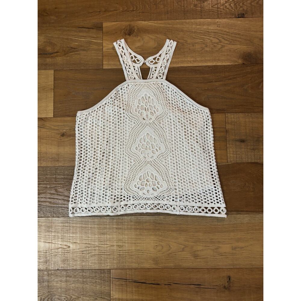 Ultra Pink Cream Crochet Halter Tank Top Boho Festival Lace Knit Sz L